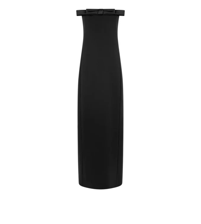 Abito da cocktail senza spalline in raso crepe pesante con fiocco