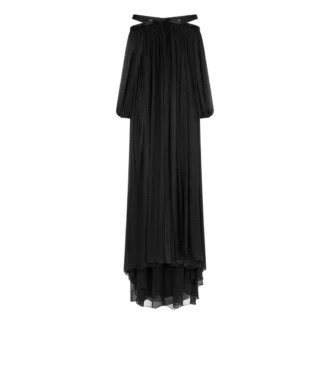 Abito da sera con spalle scoperte in chiffon di seta ricamato