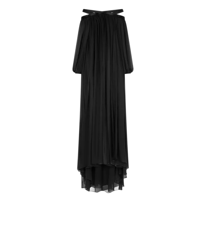 Abito da sera con spalle scoperte in chiffon di seta ricamato Abito da sera con spalle scoperte in chiffon di seta ricamato