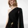 Abito da sera monospalla con mantella e dettagli metallici Liza Abito da sera monospalla con mantella e dettagli metallici Liza