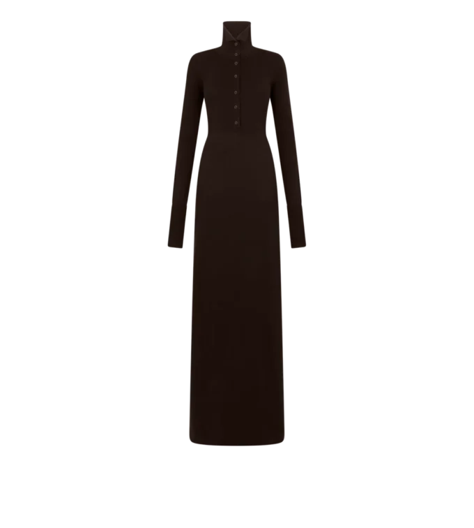 Abito lungo in cashmere con collo alto aperto Abito lungo in cashmere con collo alto aperto