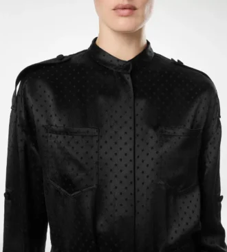 Abito militare lungo con cintura e motivo jacquard a pois