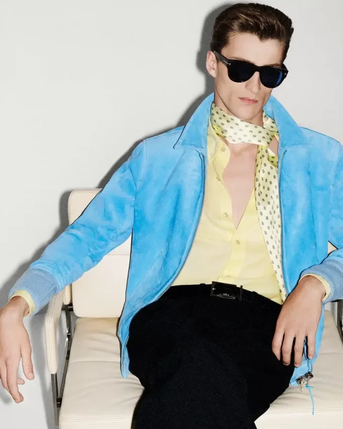 Blouson con collo in pelle scamosciata di cashmere