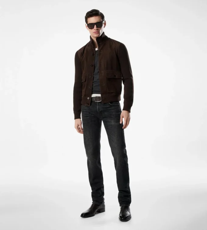 Blouson in pelle scamosciata con parte frontale in lana merino