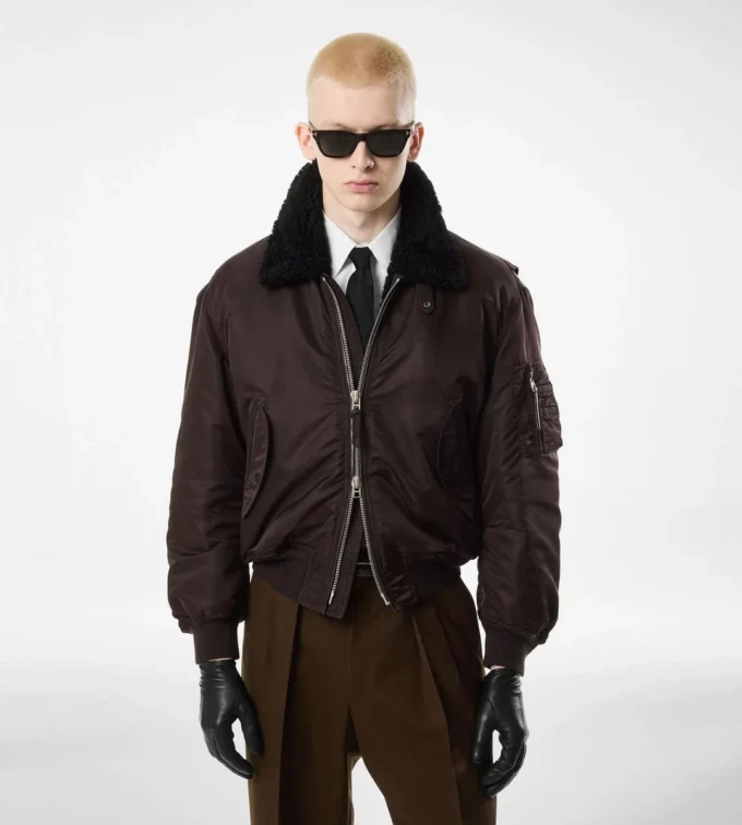 Bomber da volo con collo in shearling di nylon Bomber da volo con collo in shearling di nylon