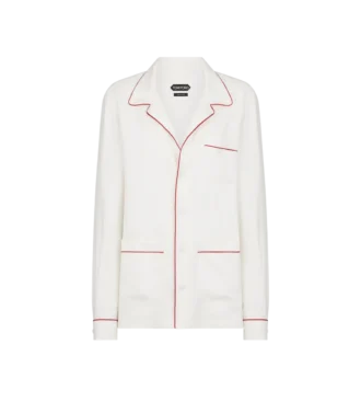 Camicia da notte in twill di seta con bordino e logo TF ricamato tono su tono