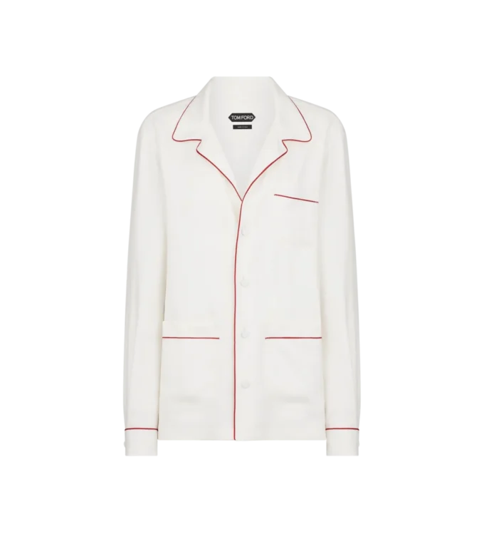 Camicia da notte in twill di seta con bordino e logo TF ricamato tono su tono