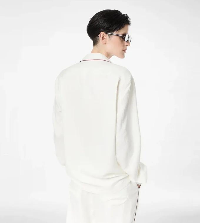 Camicia da notte in twill di seta con bordino e logo TF ricamato tono su tono