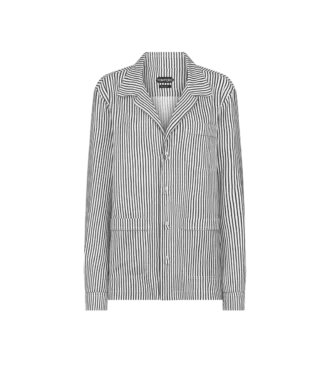 Camicia da pigiama in seta a righe con bordino e logo TF ricamato tono su tono