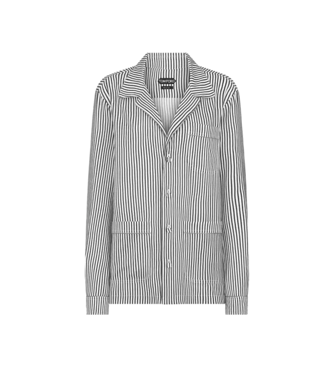 Camicia da pigiama in seta a righe con bordino e logo TF ricamato tono su tono