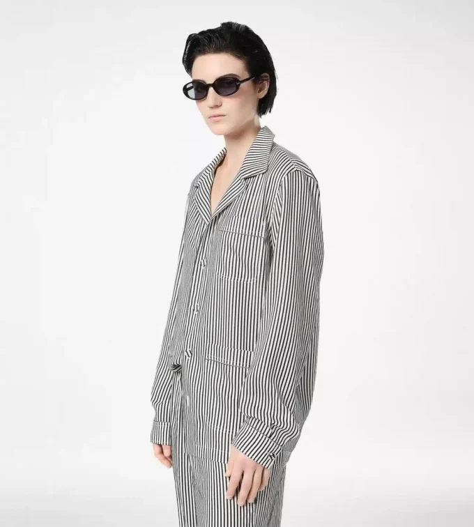 Camicia da pigiama in seta a righe con bordino e logo TF ricamato tono su tono