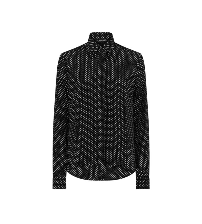 Camicia in crêpe de chine di seta a pois con plastron plissettato