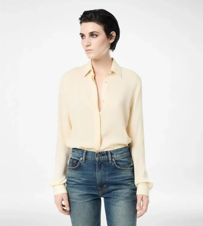 Camicia in georgette di seta lavata con logo TF ricamato tono su tono