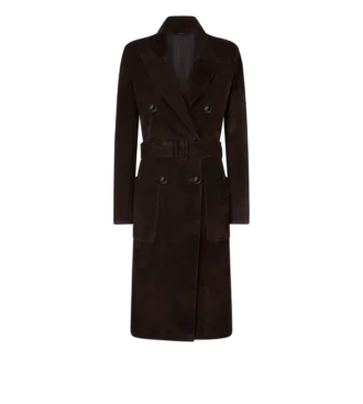 Cappotto doppiopetto in pelle scamosciata con cintura