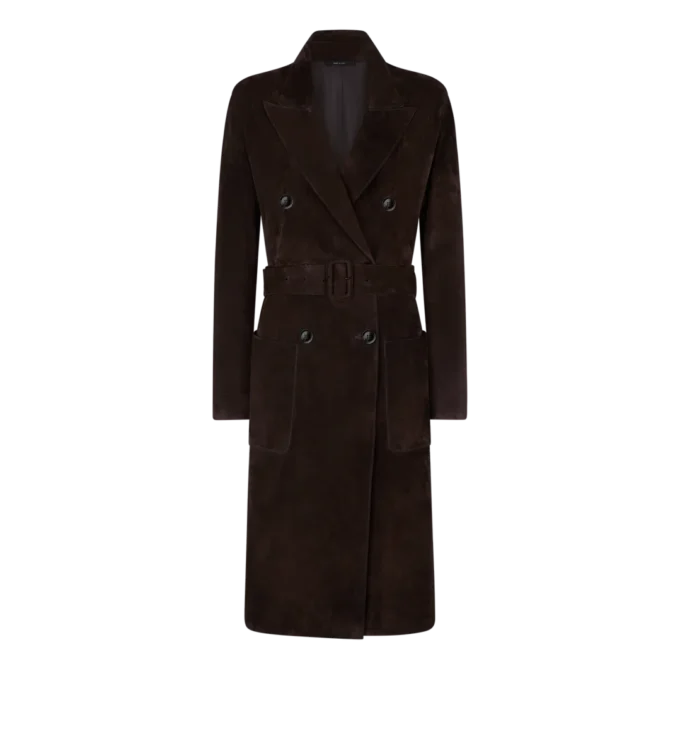 Cappotto doppiopetto in pelle scamosciata con cintura Cappotto doppiopetto in pelle scamosciata con cintura