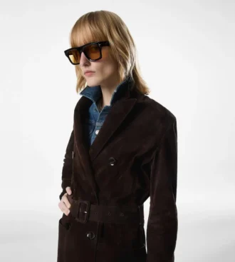Cappotto doppiopetto in pelle scamosciata con cintura