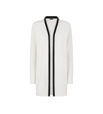 Cardigan aperto di media lunghezza in piqué di merino con rifiniture in raso