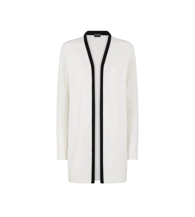 Cardigan aperto di media lunghezza in piqué di merino con rifiniture in raso