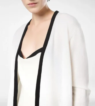 Cardigan aperto di media lunghezza in piqué di merino con rifiniture in raso