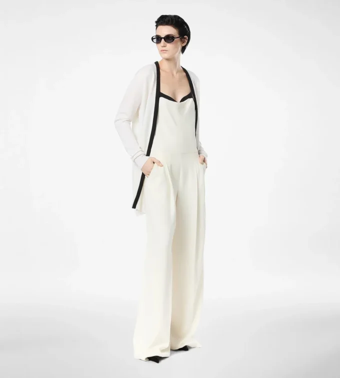 Cardigan aperto di media lunghezza in piqué di merino con rifiniture in raso