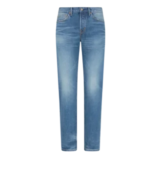 Denim blu elasticizzato a taglio dritto con cimosa