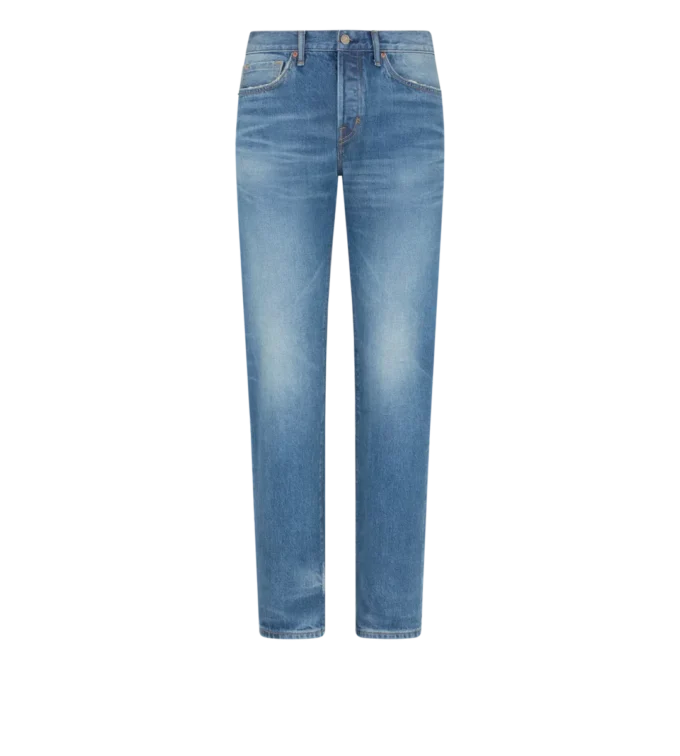 Denim blu elasticizzato a taglio dritto con cimosa
