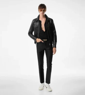 Giacca con collo in pelle nappa martellata