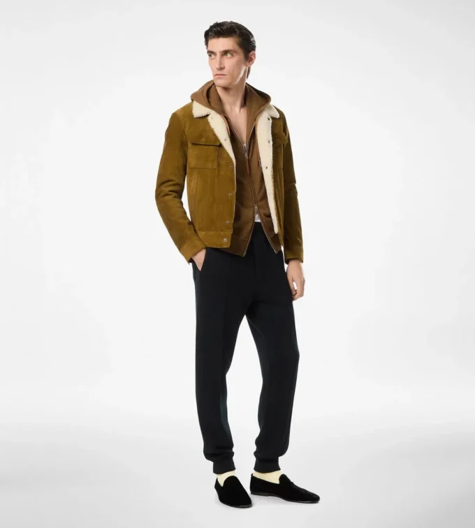 Giacca da camionista in pelle scamosciata spazzolata con collo in shearling