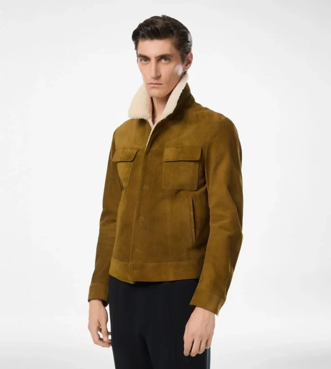 Giacca da camionista in pelle scamosciata spazzolata con collo in shearling
