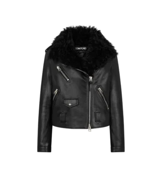 Giacca da motociclista asimmetrica in pelle con shearling
