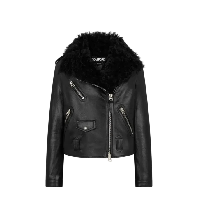 Giacca da motociclista asimmetrica in pelle con shearling Giacca da motociclista asimmetrica in pelle con shearling