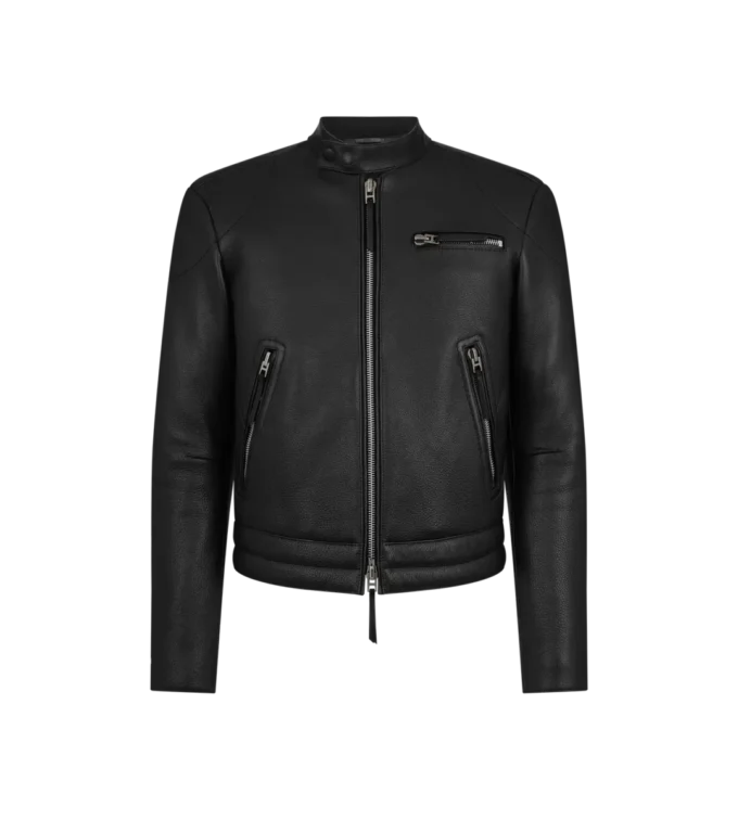 Giacca da motociclista in pelle martellata con zip