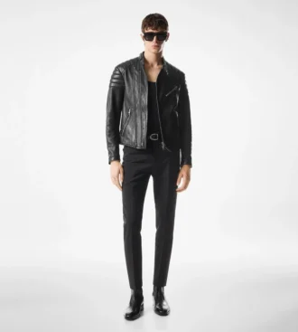Giacca da motociclista in pelle martellata con zip