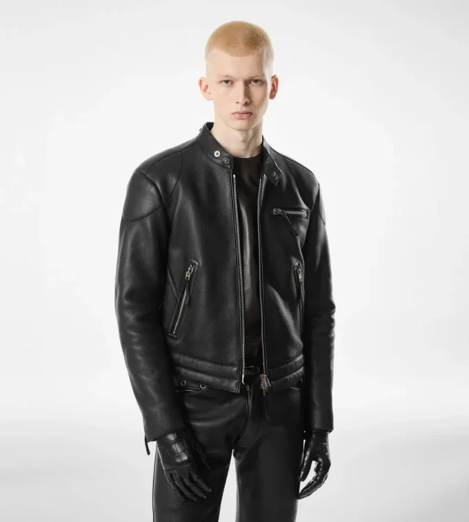 Giacca da motociclista in pelle martellata con zip