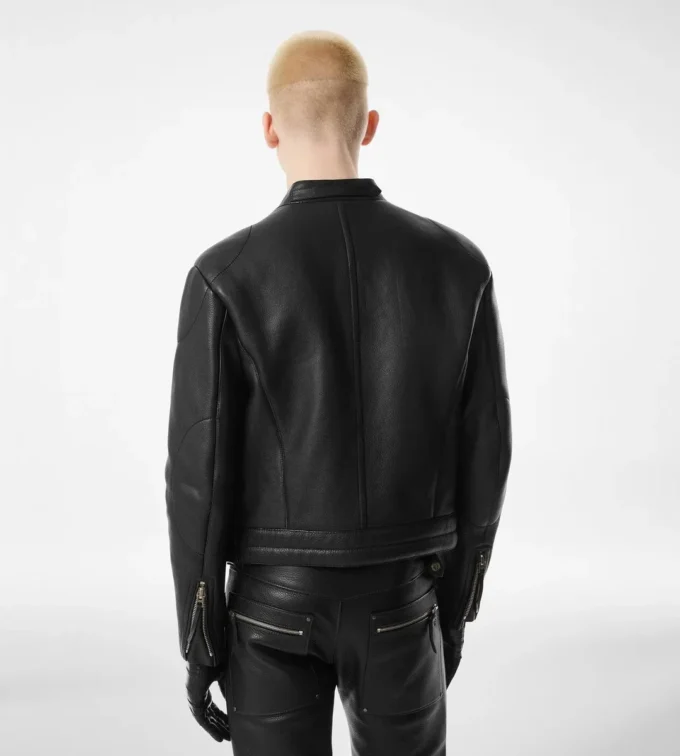 Giacca da motociclista in pelle martellata con zip