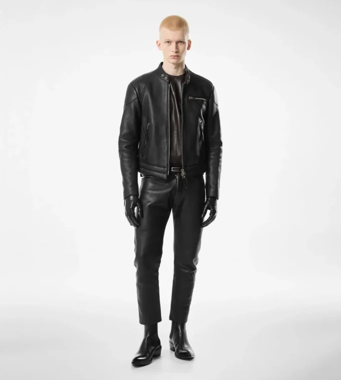 Giacca da motociclista in pelle martellata con zip