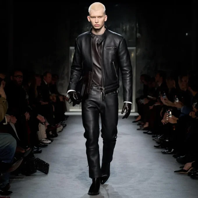 Giacca da motociclista in pelle martellata con zip