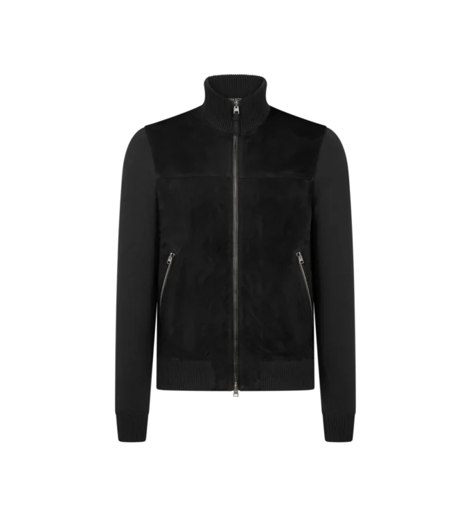 Giacca in lana con zip frontale in pelle scamosciata