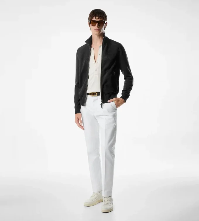 Giacca in lana con zip frontale in pelle scamosciata