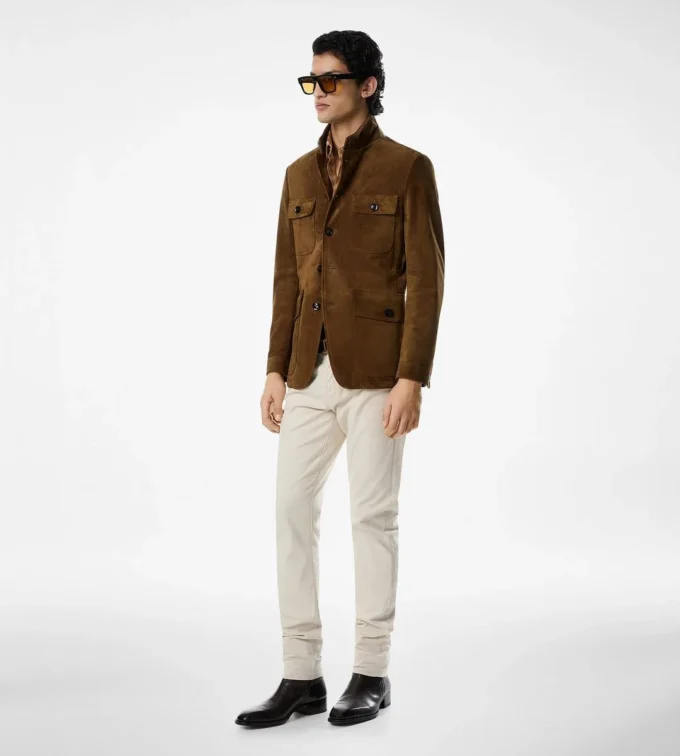 Giacca militare in pelle scamosciata di cashmere