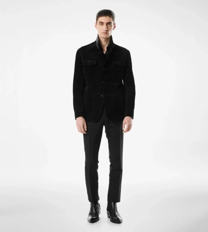 Giacca militare in pelle scamosciata di cashmere Giacca militare in pelle scamosciata di cashmere