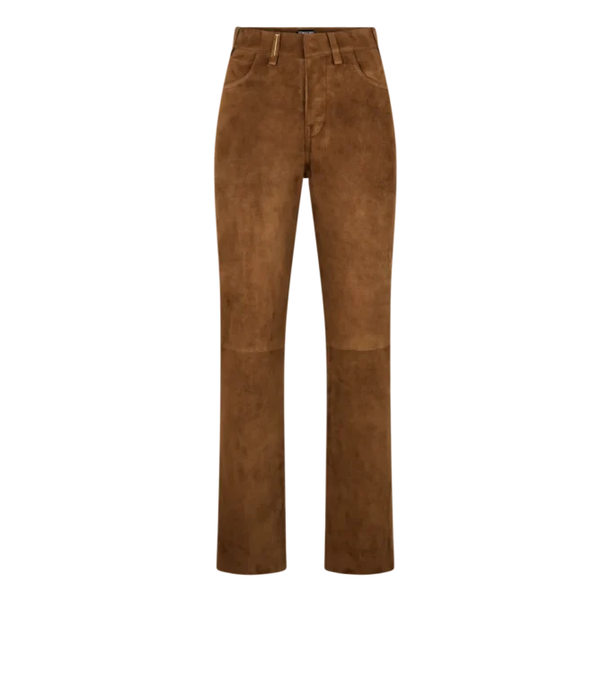 Pantaloni a cinque tasche in pelle scamosciata di agnello pieno fiore con logo Tf impresso