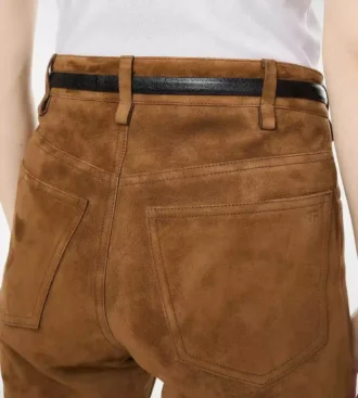 Pantaloni a cinque tasche in pelle scamosciata di agnello pieno fiore con logo Tf impresso