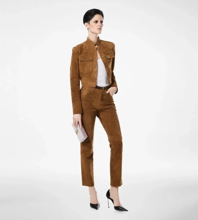 Pantaloni a cinque tasche in pelle scamosciata di agnello pieno fiore con logo Tf impresso