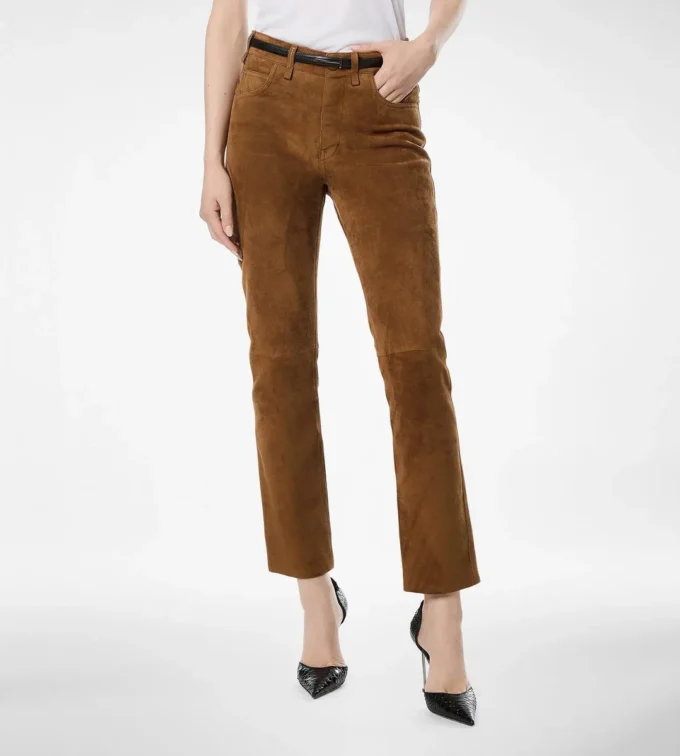 Pantaloni a cinque tasche in pelle scamosciata di agnello pieno fiore con logo Tf impresso