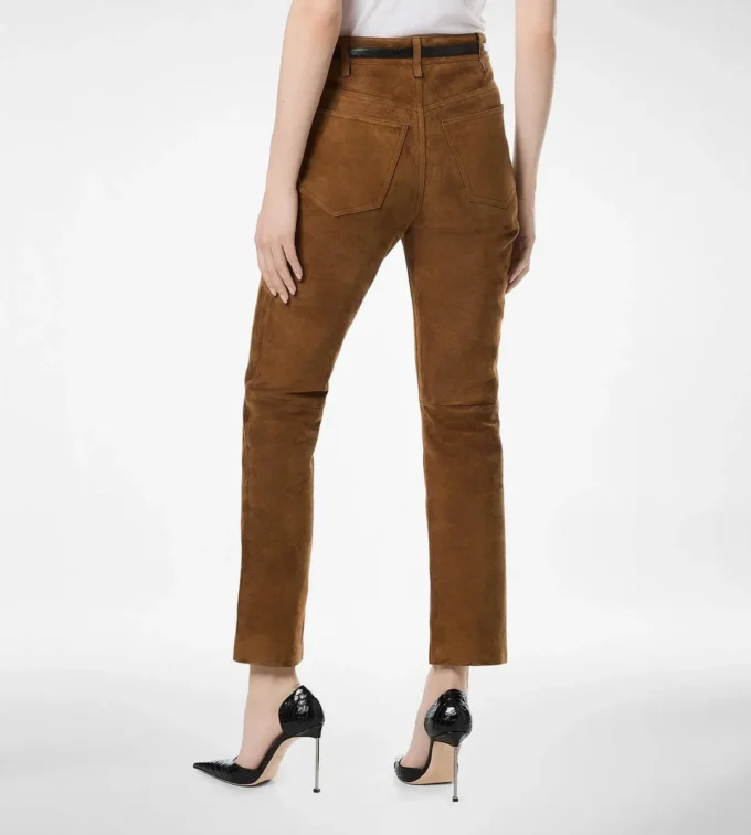 Pantaloni a cinque tasche in pelle scamosciata di agnello pieno fiore con logo Tf impresso