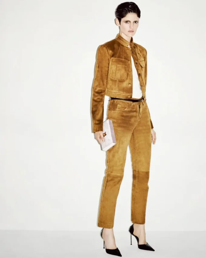 Pantaloni a cinque tasche in pelle scamosciata di agnello pieno fiore con logo Tf impresso
