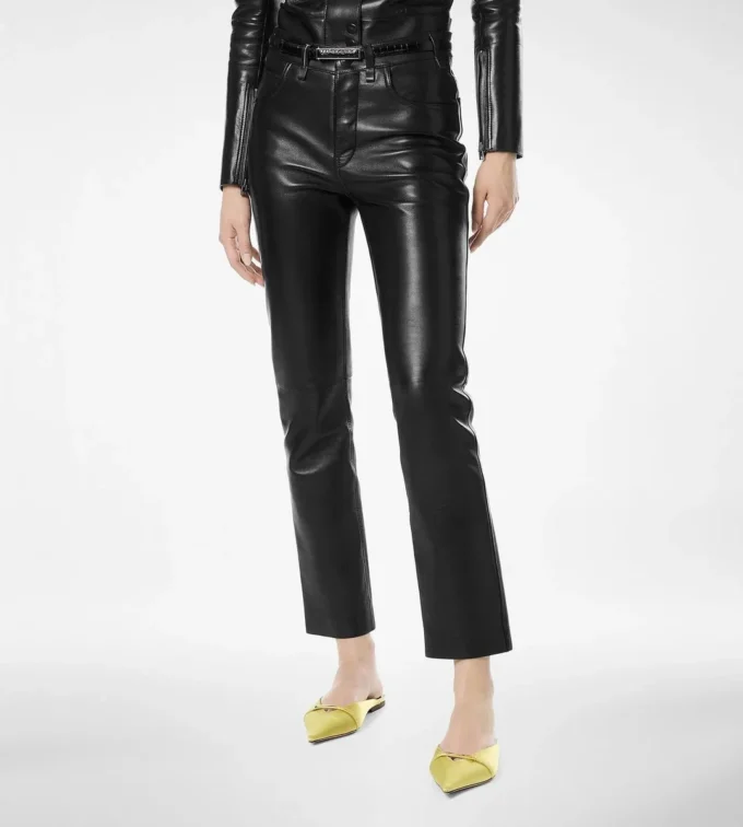 Pantaloni cinque tasche in pelle nappa con logo Tf impresso