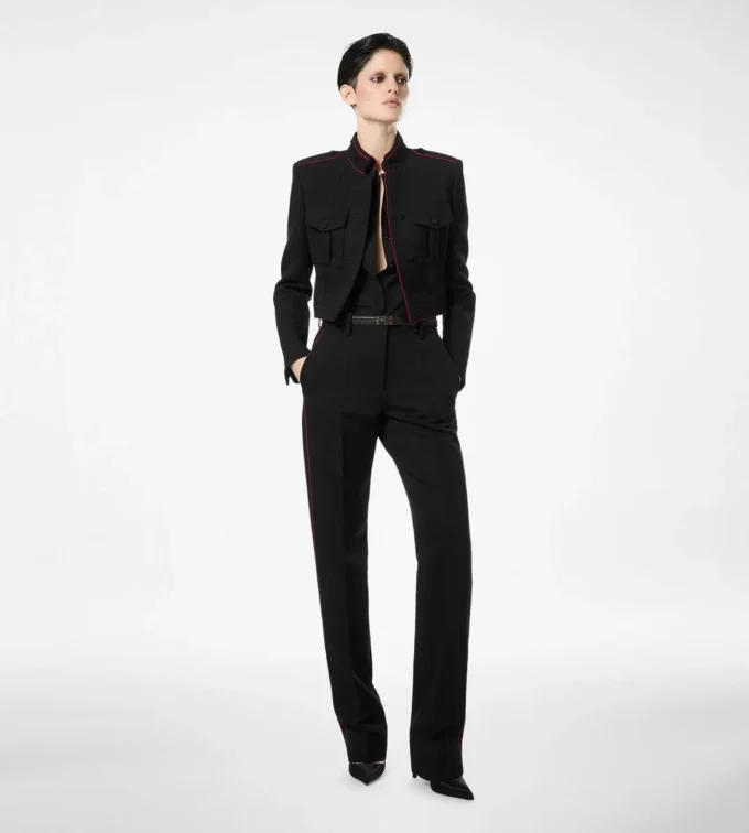 Pantaloni da ufficiale in gabardine di lana con bordino