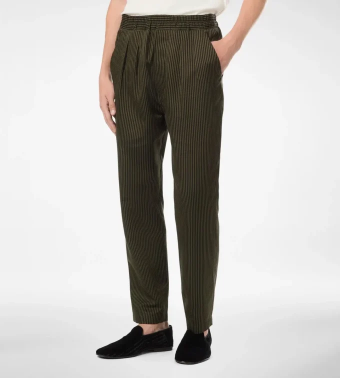 Pantaloni lounge plissettati in cotone e seta con righe bengalesi